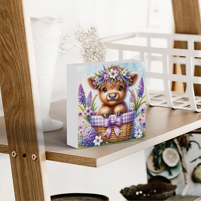 Highland Cow Hyacinth Flowers Decor, Highland Cow Bathroom Decor, Highland Cow Baby Decor, Highland Cow Nursery Decor, Wooden Box Decor Sign for Home Farmhouse Office Living Room Table Shelf Tiered