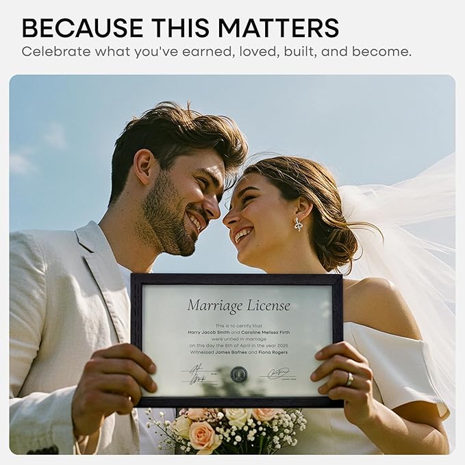 Homeforia 8.5x14 Marriage License Frame Black, High End Oak 8.5x14 Certificate Black Wood Frames, 8.5by14 Wooden Frame for Wall & Tabletop, 8.5 by 14 Picture Frames, Tempered Glass, Wall Kit, Set of 1