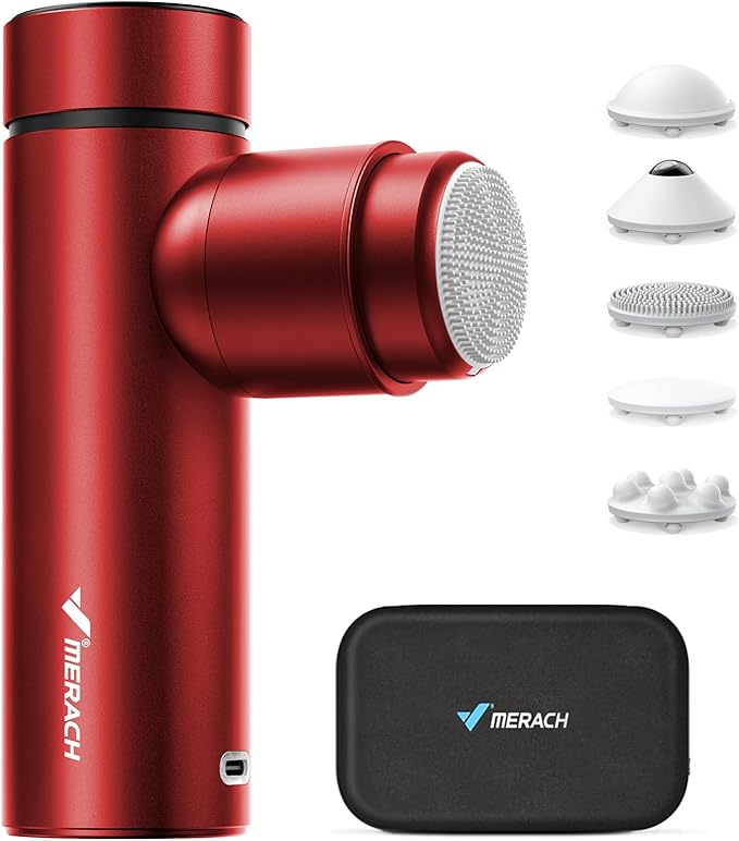 MERACH Mini Massage Gun with 8mm Amplitude, Percussion Massage Tools with 5 Massage Heads, Portable Hand Held Muscle Massagers for Pain Relief Deep Tissue, Cool Gifts for Mens and Women (Red)