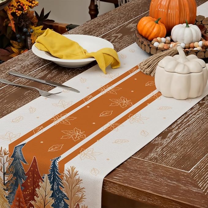 GEEORY Fall Watercolor Trees & Maple Leaves Striped Table Runner 13x60 Inch, Rustic Farmhouse Autumn Thanksgiving Decor for Kitchen, Dining, Indoor/Outdoor Holiday Dinner Party Orange GT157-60