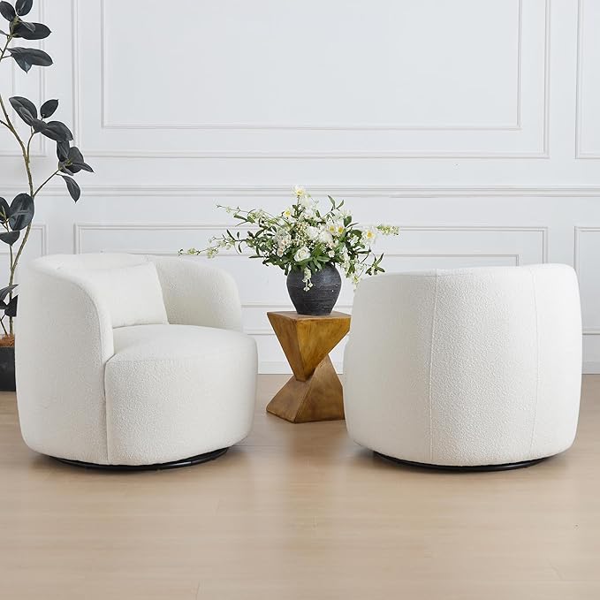 KINWELL 34" Wide Sherpa Swivel Barrel Chairs Set of 2, No Assembly Round Boucle Upholstered Accent Chairs Armchairs Single Sofa Chair with Toss Pillow for Living Room and Bedroom, Beige