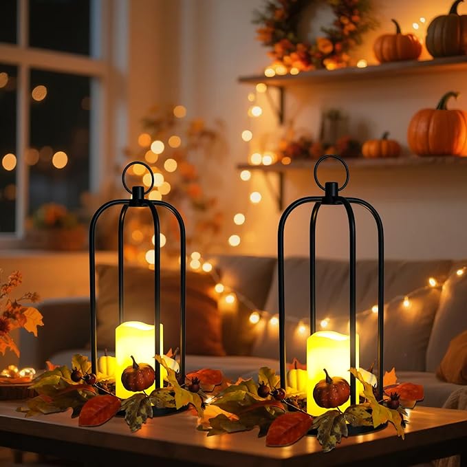 Fall Decor Lanterns Outdoor, 14" Waterproof Decorative Lantern Indoor Decor Metal Hanging Candle Holder LED Flameless Candle Lantern for Patio, Porch, 2 Packs