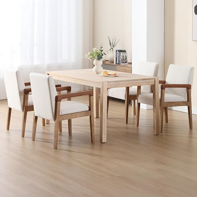 Mid Century Modern Dining Chairs Set of 4 Fabric Upholstered Living Room Side Chair, Kitchen Arm Chair with Solid Wood Legs for Home Restaurant, Linen White