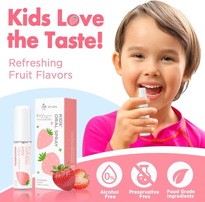 Mouth Spray for Kids, Toddler Toothpaste Helper, Fluoride Free Baby Toothpaste Cavity Protection, Oral Care with Natural P113+ Antibacterial Peptide - for Newborns to Age 6, Strawberry