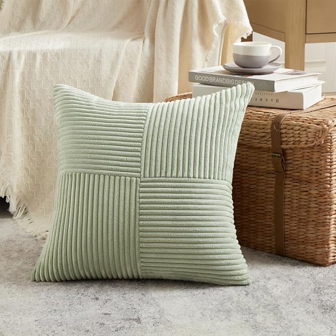 Fancy Homi 2 Packs Sage Green Decorative Throw Pillow Covers 18x18 Inch for Living Room Couch Bed Sofa, Farmhouse Boho Home Decor, Soft Corss Corduroy Patchwork Textured Square Cushion Case 45x45 cm