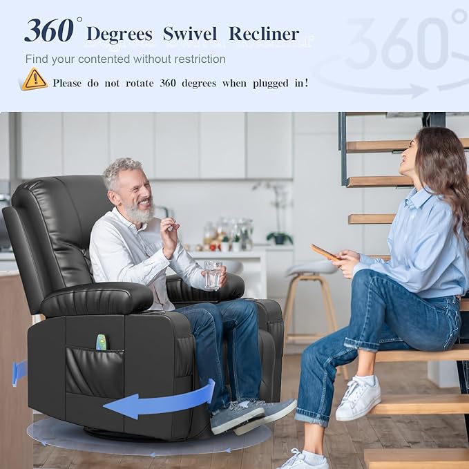 Recliner Chairs for Adults, FSC Certified Massage Rocker with Heated Modern Ergonomic Lounge 360 Degree Swivel Single Sofa Seat Living Room Lounge Recliners Black