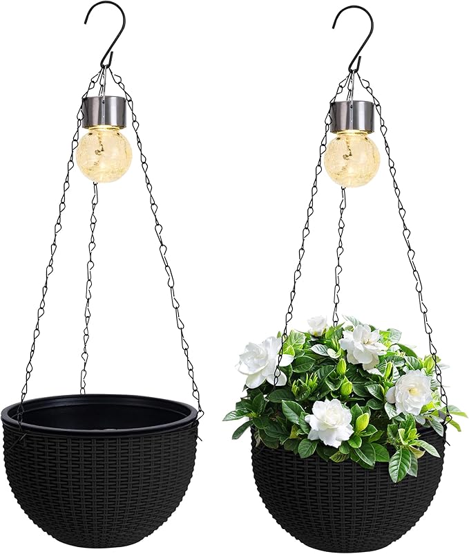 Hanging Baskets for Plants Outdoor - 2 Pack Black Plastic Solar Flower Pots with Drainage Holes & Removable Saucer, Self-Watering Hanging Planters for Garden, Porch, Balcony, Patio