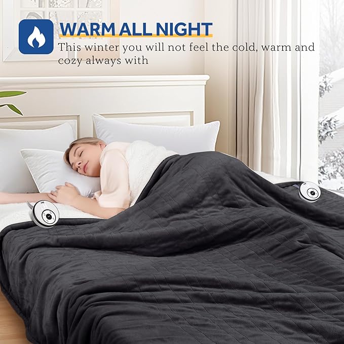 Sealy Electric Blanket Queen 84"*90",Super Cozy Flannel to Sherpa Reversible Heated Blanket Queen Size with 10 Heating Levels & 1-12 Hours Auto Off Overheating Protection Machine Washable,Charcoal