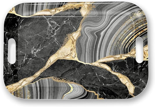Serving Trays with Handles, 14.5 x 9.8 inch Rectangular Plastic Tray for Restaurant, Kitchen, Abstract Background Black Marble
