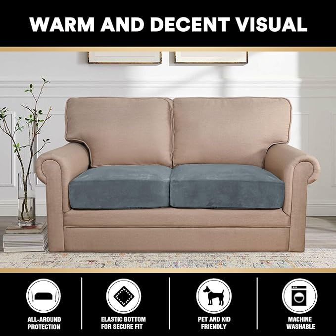 PrinceDeco Velvet Couch Cushion Cover Soft Stretch Cushion Slipcover for Chair Loveseat Sofa Cushion Furniture Protector Seat Cushion Sofa Cover (2 Piece Large Sofa Cushion Covers, Stone Blue)