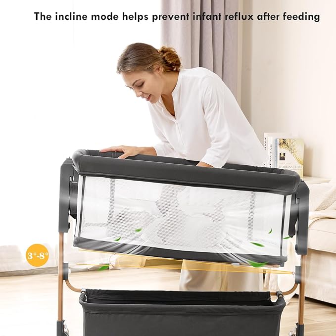 Baby Bassinet Bedside Sleeper,3-in-1 Rocking Bassinet for Baby with 6-Level Height Adjustable, 4 Wheels & Breathable Mesh Walls, Portable Bedside Crib with Mattress for Newborn