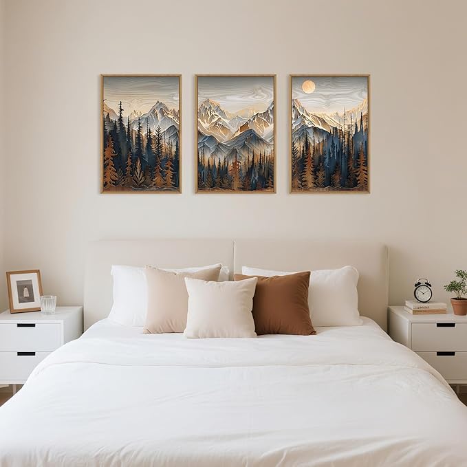 Celestdeco Wood Mountain Framed Canvas Wall Art Set, Pine Trees Wall Painting, Ridge Scenery Wall Decor, Natural Sun Landscape Art Print for Living Room, Bedroom, Dining Room, Office - 24"x36"x3