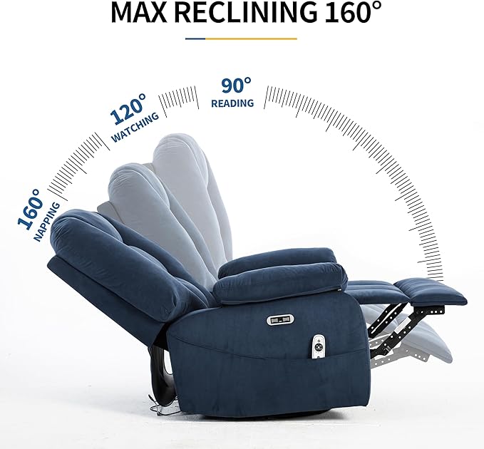 Power Swivel Rocker Recliner Chair for Adults,Rocking Recliners Chairs with Massage and Heat for Living Room, Electric Fabric Reclining Sofa Chair with USB and Type-C Port (Fabirc Blue)