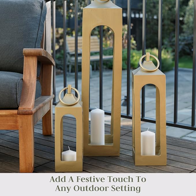 Large Brass Lantern, Rustic Metal Decorative Lantern, Candle Holder for Indoor & Outdoor, Home Decor for Patio, Garden & Tabletop, Hanging Lantern for Parties & Weddings