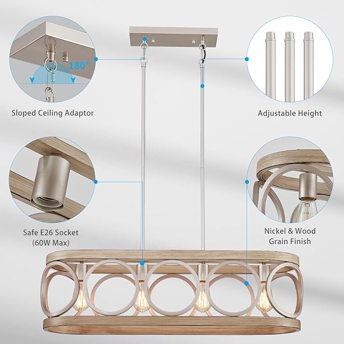 XINGQI Kitchen Island Chandelier for Dining Room Modern Farmhouse Rectangle Pendant Lighting Fixture Vintage Linear Hanging 4-Light Rustic Living Room, Antique Brushed Nickel and Wood Grain Finish