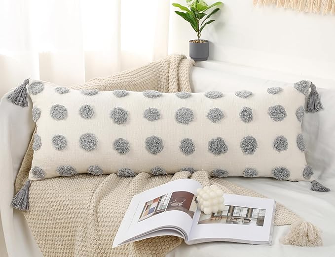 PANOD Decorative Long Lumbar Pillow Cover 14x36 Boho,Super Soft Chenille Extra Long Lumbar Pillow Case Cover with Tassel for Bed Sofa Couch Farmhouse Livingroom,Grey,Modern Skinny