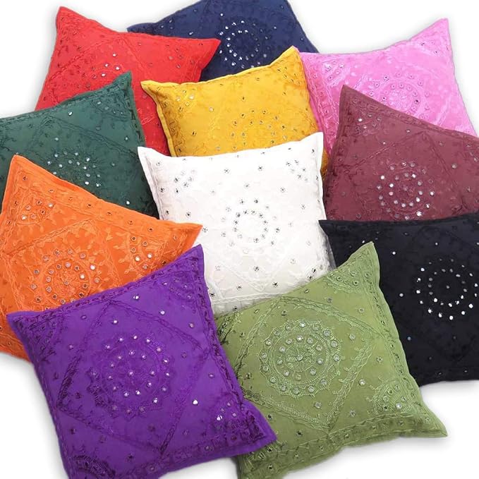 Eyes of India Embroidered Decorative Boho Throw Pillow Cover with Mirrors, Handmade Bohemian Accent Cushion Case for Sofa Couch Bedroom Living Room (Burgundy, 16" x 16")