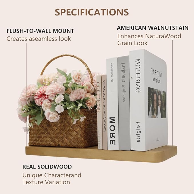 Solid Wood Floating Shelves Set of 2 - Natural, Warp & Crack Resistant 17.72 Inch Wall Shelf with Invisible Brackets Thicker, More Durable for Bathroom, Bedroom, Kitchen, Living Room (Wood, 17.72)