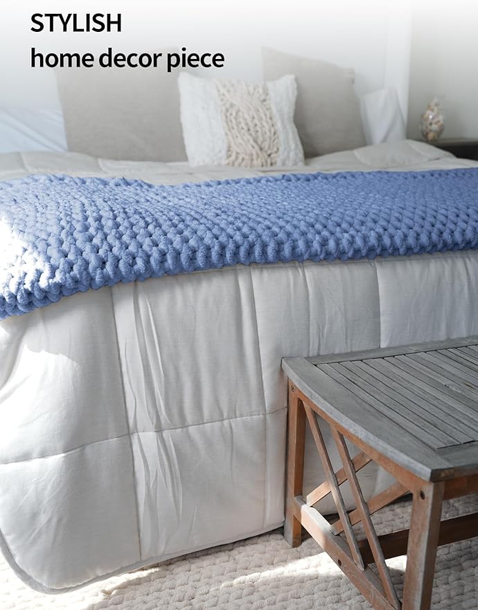 YnM Chunky Throw Blanket, Medium-Weight, Hand Knitted with Chenille Yarn, Skin Friendly, Ventilated and Breathable, Machine Washable, Home Décor Piece for Couch Sofa and Bed (Chambray Blue 40x50 Inch)