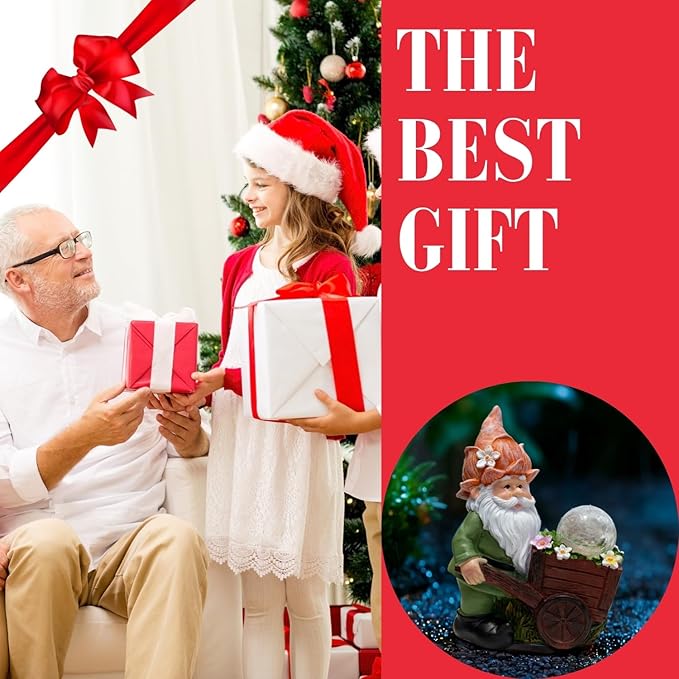 Solar Garden Gnome Statue with Crackle Glass Globe Lights, Waterproof Outdoor Decor for Patio, Lawn, or Yard, Whimsical Housewarming Gift(Green Gnomes)