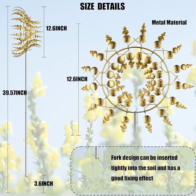 Unique and Magical Metal Windmill, 2Pcs Wind Spinners, 3D Wind Powered Kinetic Sculpture, Stainless Steel Wind Spinners, Wind Mill for Yard and Garden (2PCS-Golden)