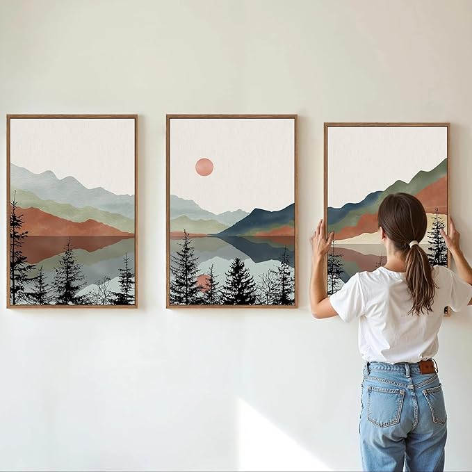 Tinonedraw Boho Mountain Framed Canvas Wall Art Set, Watercolor Nature Landscape Wall Decor, Black Pine Trees Forest Artwork, Neutral Modern Sunrise Art Prints for Living Room Bedroom Office 24"x36"x3