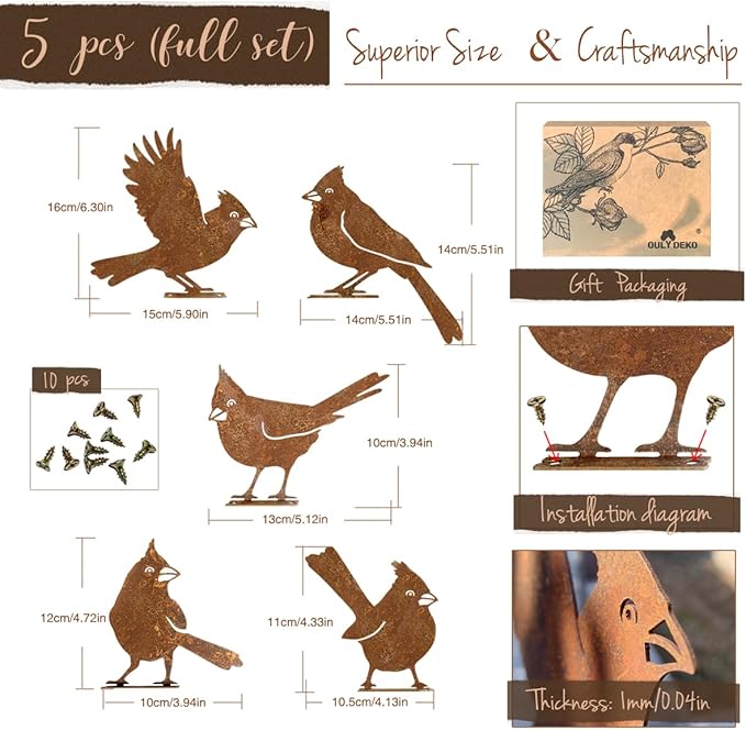 5PCS Rusty Birds Decoration, Garden Decor Spring Decorations Outdoor, Metal Birds Yard Decor Perfect Yard Art and Large Outdoor Ornaments, Cardinal Gifts，Metal Bird Silhouette Statues