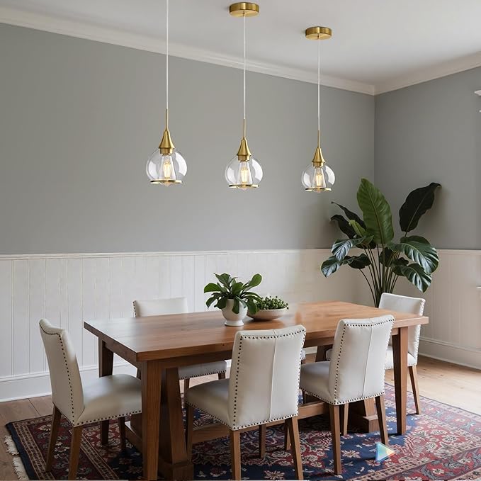 Pendant Light Fixtures Kitchen: Brushed Gold Farmhouse Island Light with Clear Glass - 6 Inch Mid Century Globe Kitchen Lighting Chandeliers Ceiling for Dining Room