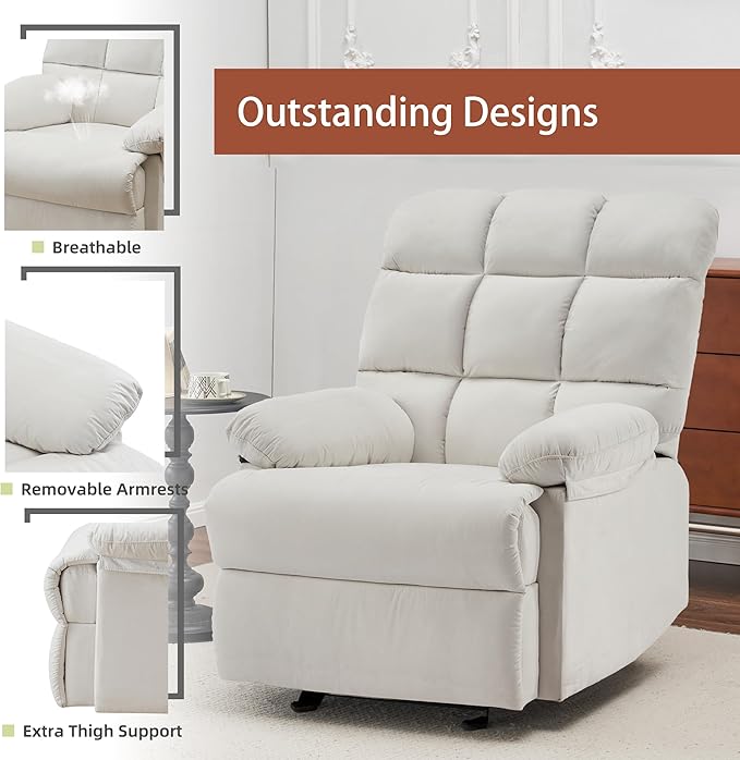 Rocker Recliner Chair, Overstuffed Manual Rocking Recliner for Adults, Upholstered Comfy Soft Fabric Living Room Reclining Sofa Chair (Beige Fabric)