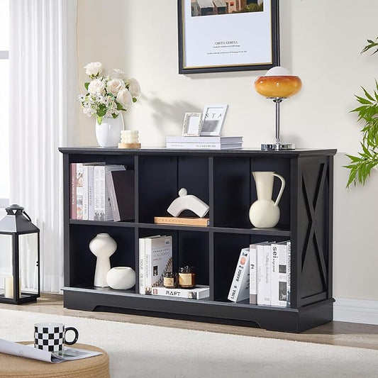 Farmhouse 6 Cube Bookshelf, Black Storage Organizer Bookcase, Kids Toy Storage Cabinet, Long Bookshelves Storage Organizer Shelf, Wood Display Cabinet Book Shelves for Bedroom,Living Room,Office