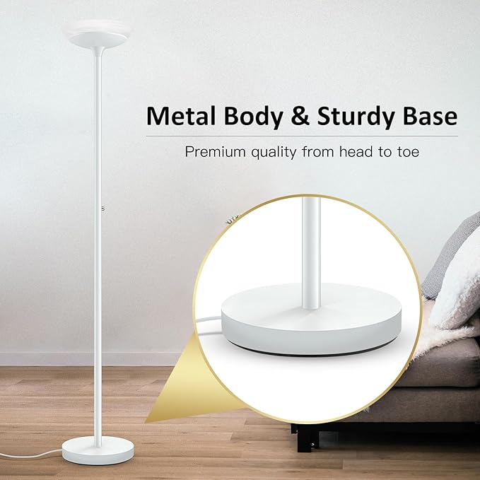 BoostArea Torchiere Floor Lamp, 24W Super Bright LED Standing Lamp, Stepless Dimmable Pole Lamp with 3000K Lighting, Glass Lampshade, 71Inch Tall Metal Modern Floor lamps for Living Room/Bedroom White