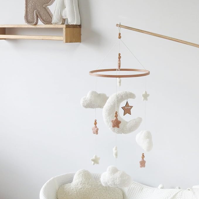Cloud Moon Crib Mobile Cloud Baby Mobile for Crib Neutral Boho Clouds and Stars Moon Mobile Boucle Mobile, coffee 3