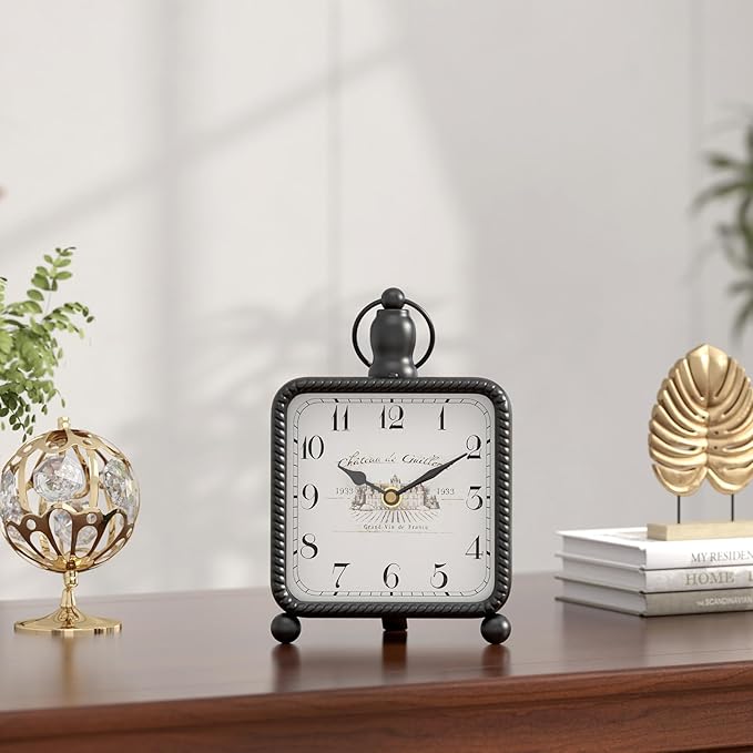 Vintage Black Table Clock on Stand, Desk and Shelf Decor Clock, French Rustic Style Non-Ticking Mantel Clocks for Farmhouse, Living Room, Bedroom, Bedside, Gift (8.5" H x 5.5" W)