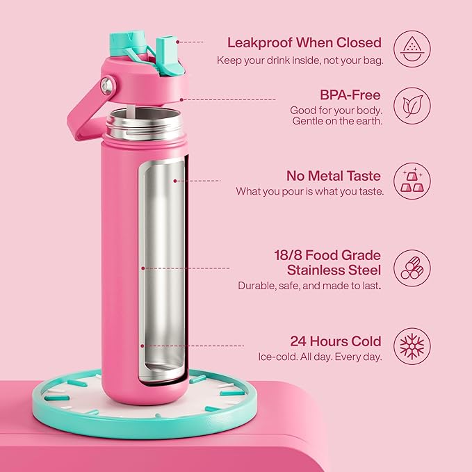 Insulated Water Bottle with Straw Stainless Steel Water Bottle, Leak-Proof, BPA-Free, Double Wall Vacuum Keeps Cold for 24 Hours for Sports, Travel, School (26 oz, Tulip)