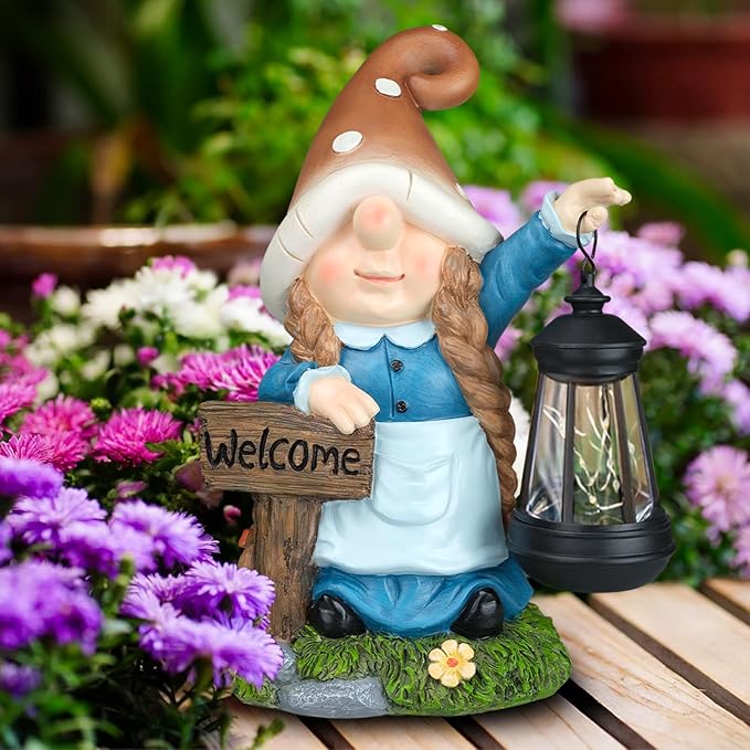 Solar Large Gnome Garden Statue with Welcome Sign Outdoor Decor with LED Lantern Funy for Porch Yard Patio Lawn Ornament Christmas Housewarming Gardening Gift