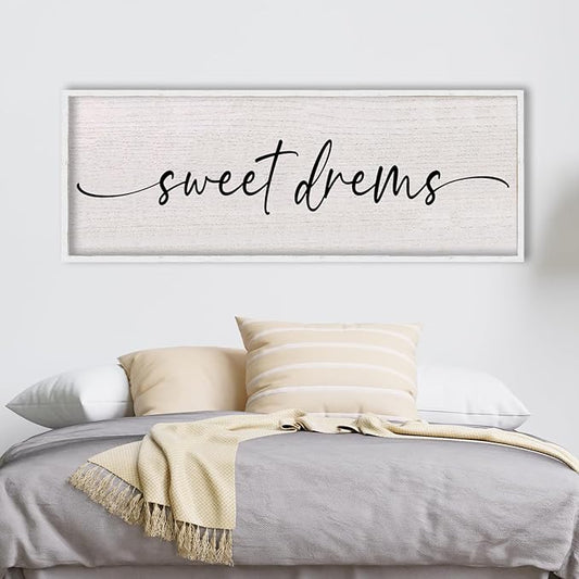 LuZhiQiang Sweet Dreams Sign Wall Decor Above Over Bed 40" x 15" Large Wood Framed for Guest Room Master Bedroom Hanging Wall Art (White)