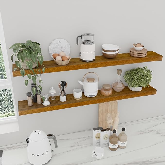 IAE Walnut Floating Wall Shelves 48 inch, Bathroom Shelves Wall Mounted,Invisible Shelves Floating Kitchen Shelves,Wooden Wall Shelves with Brackets for Living Room Wall Mounted,Easy Install,Set of 2