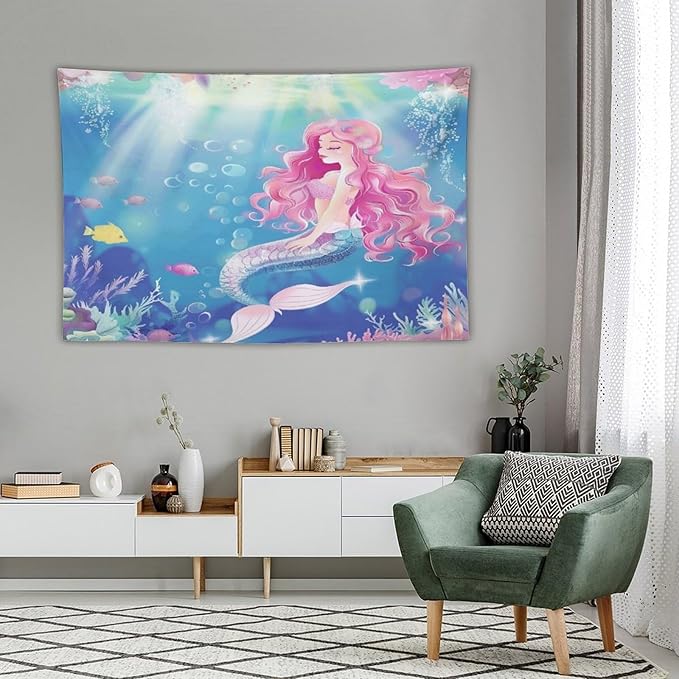 HZOHNAGO Mermaid Girls Tapestry Watercolor Mermaid Princess Pink Hair Pattern for Kids Room Decoration Printed Wall Tapestry Wall Hanging for Bedroom Living Room Dorm 90" W x 60" H