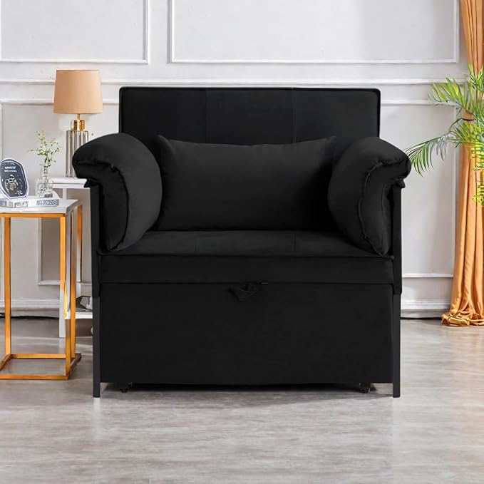 Pull Out Sofa Bed, Convertible Sleeper Chair Bed with Lumbar Pillow, 3-in-1 Sofa Chair with 3 Adjustable Backrest, Armchair Sleeper Small Couch for Small Spaces Living Room Black