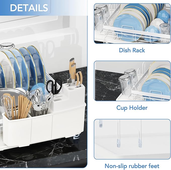 ROTTOGOON Expandable Dish Drying Rack,Multifunctional Adjustable Dish Drainer with Swivel Spout and Anti-Rust Dish Rack with Removable Cutlery & Cup Holders for Kitchen Counter,White