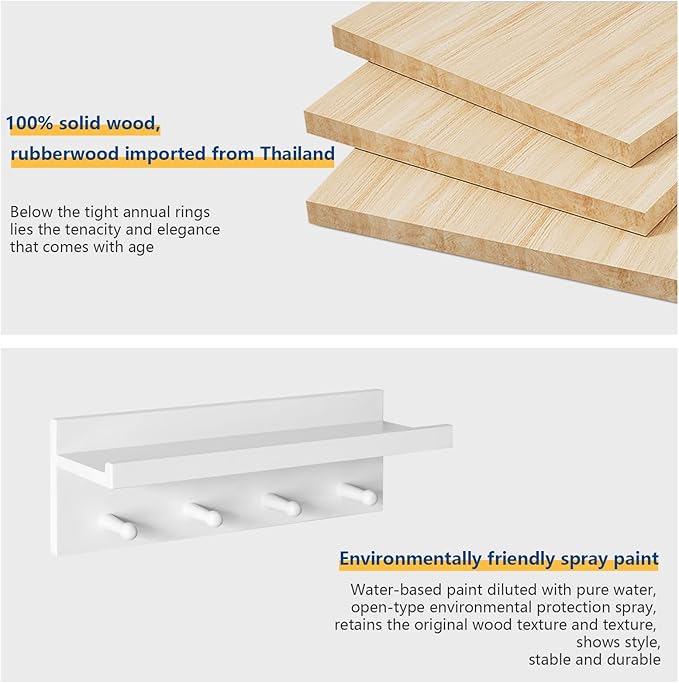 Wood Coat Hook with Wall-Mounted Shelf,15.75in Entryway Wall Hanging Shelf,for Bathroom, Kitchen,Coat Towel Key Organizer White YD-WS0240W