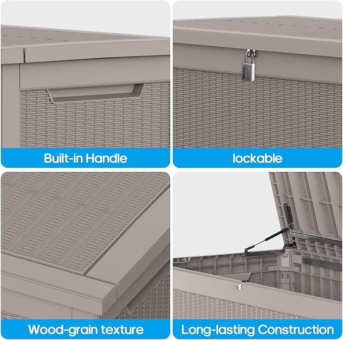 Large Deck Box 260 Gallon, Resin Patio Storage Box with Lockable Lid for Patio Furniture, Garden Tools, Pool Accessories, Weatherproof Outdoor Storage Bin, Brown