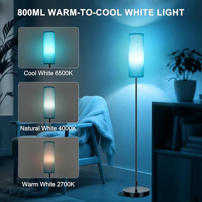 FRIDEKO HOME Floor Lamp for Bedroom, Tall Standing Lamps for Living Room, Modern Corner Floor Lamps for Living Room, 3CCT&Brightness Dimmable, 800 LM, RGB Smart Bulb, Foot Switch, Turquoise Lampshade