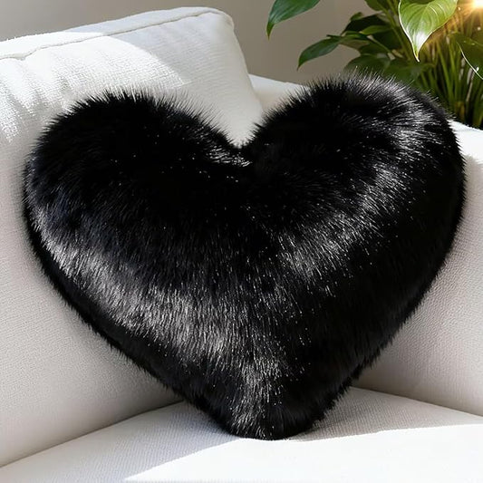 Black Heart Pillow, Faux Fox Fur Heart Decorative Pillows, Heart Shaped Throw Pillow for Bed, Soft Fluffy Decorative Cushion for Chair Sofa Living Room - Plush Pillow Home Decor
