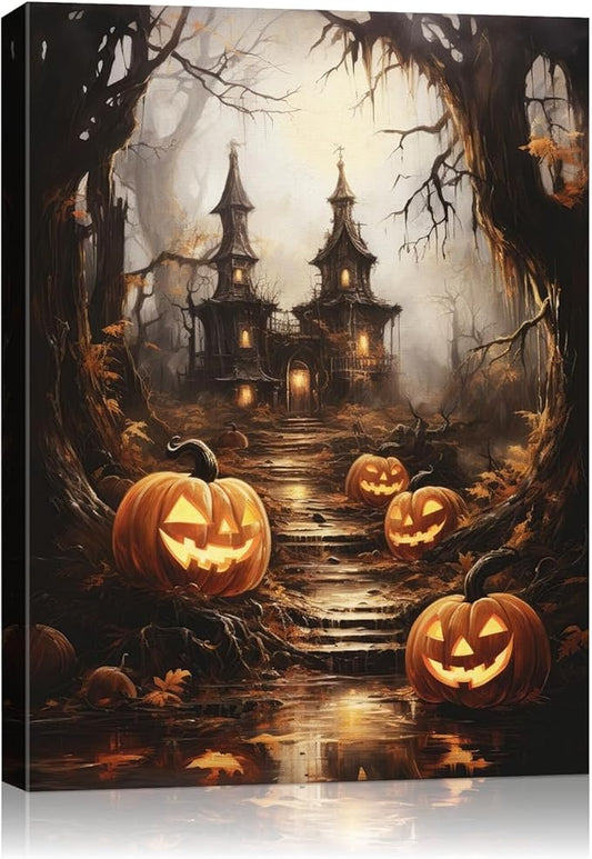 AbcCustomize Halloween Canvas Wall Art - Spooky Haunted House & Eerie Pumpkins Poster, Gothic Fall Decorations for Home, Vintage Halloween Decor Indoor for Living Room, Bedroom & Party