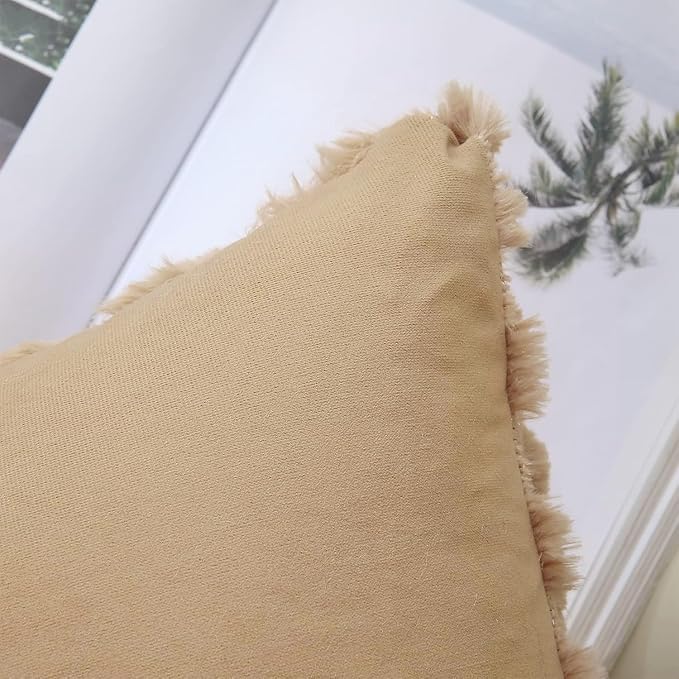 decorUhome Throw Pillow Covers 20x20 Inch Set of 2, Soft Plush Decorative Faux Fur Light Brown Solid Couch Pillow Covers, Accent Farmhouse Neutral Square Euro Pillow Cases for Sofa Bed Living Room