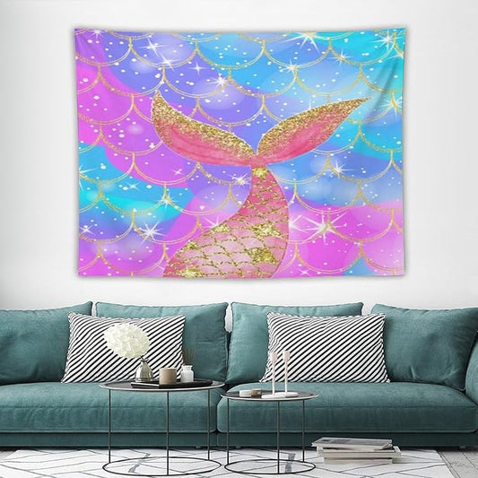 HZOHNAGO Mermaid Scales Tapestry Colorful Shiny Scales Mermaid Tail Pattern Printed Wall Tapestry Wall Hanging for Bedroom Living Room Dorm 80" W x 60" H
