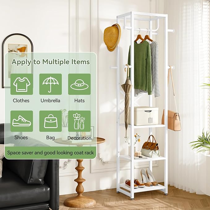 IBUYKE Coat Rack with Shelves, Freestanding Hall Tree with 3 Shelves and 8 Hooks, Industrial Clothes Stand for Entryway, Hallway, Bedroom, White UTMJ088W