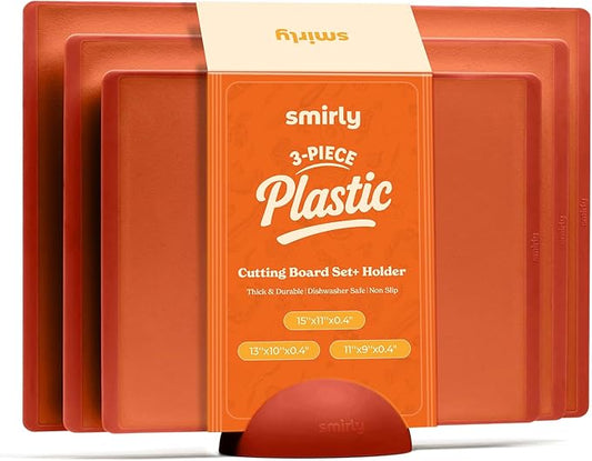 SMIRLY Plastic Cutting Board Set with Holder 3 Pieces, Non-Slip Dishwasher Safe Chopping Boards for Kitchen, Orange