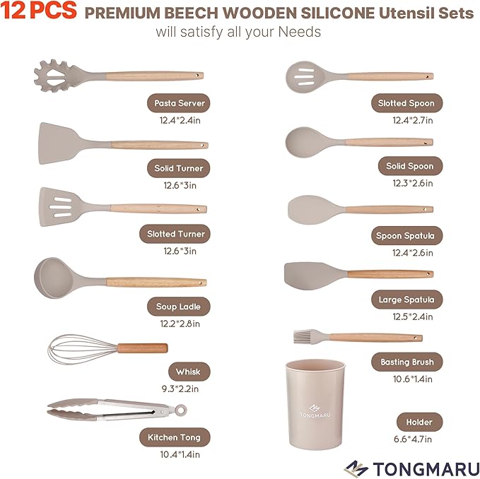 Silicone Cooking Utensils Set, Premium Beech Wood Handle Kitchen Gadgets Utensil Set, Non-Stick Kitchen Utensils Spatula, Tongs, Turner, Whisk, Brush, Spoon, BPA FREE, 446°F Resistant (Khaki)